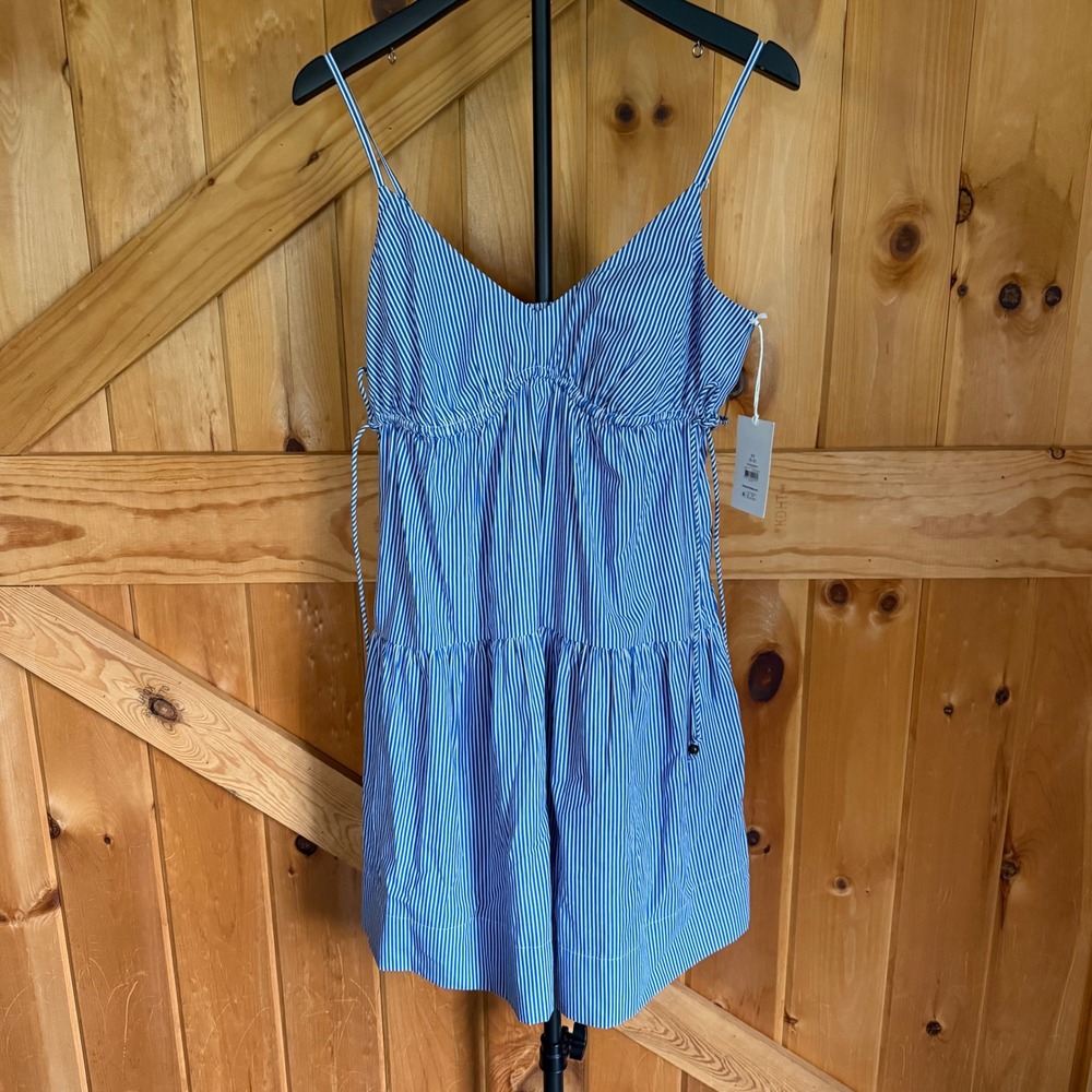 Free Assembly Tiered Mini Dress Womens XS Blue White Striped V-Neck Smocked Back